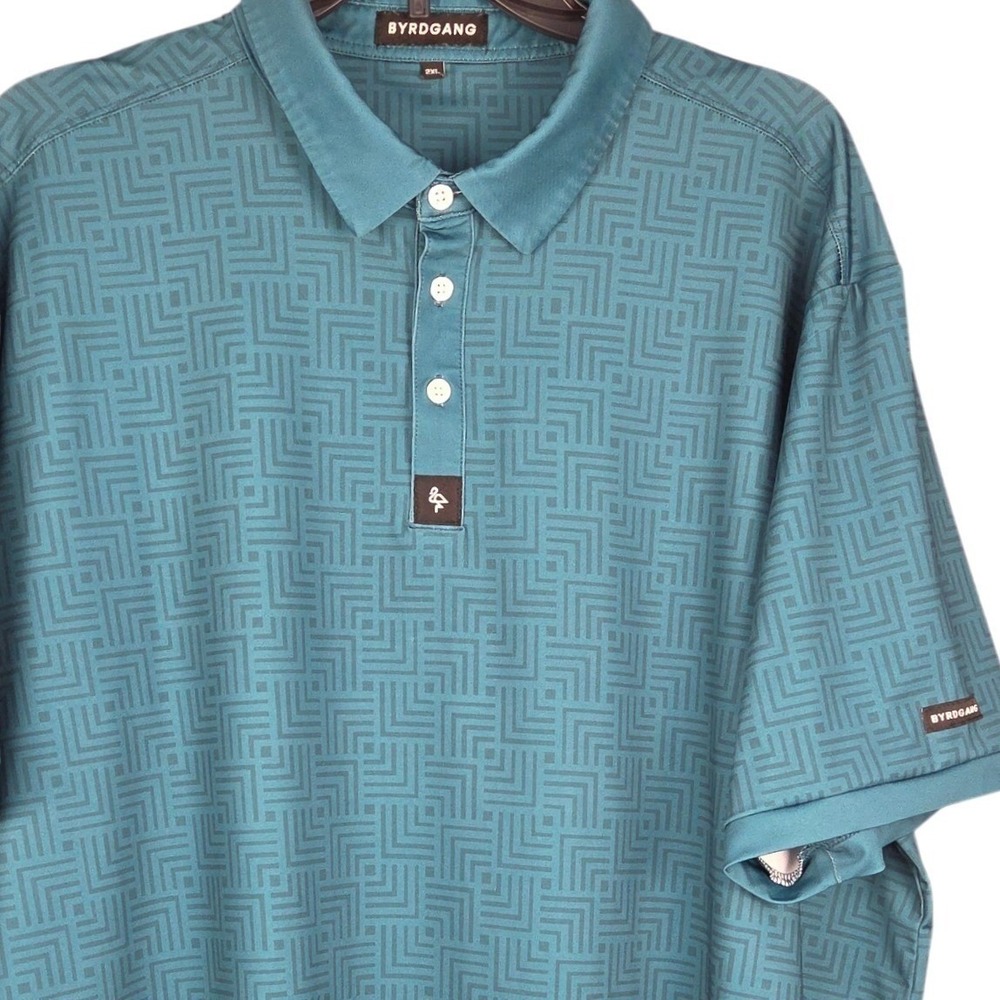 BYRD GANG Polo Men's 2XL Shirt Teal Blue Geometric Print Short Sleeve Golf